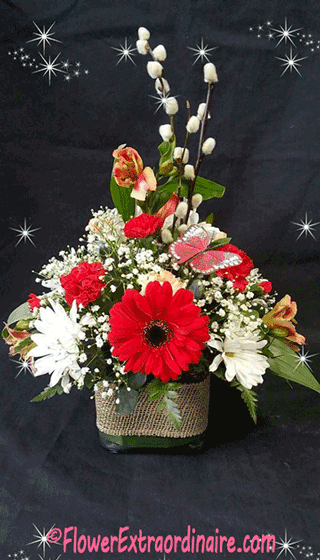 white daisies, red flowers, tall arrangement