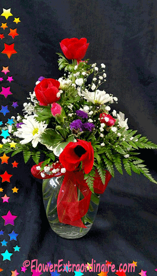 flowers in vase red roses, white daisies, babies breath