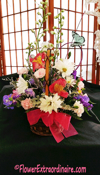 colorful summer basket of flowers and live plants