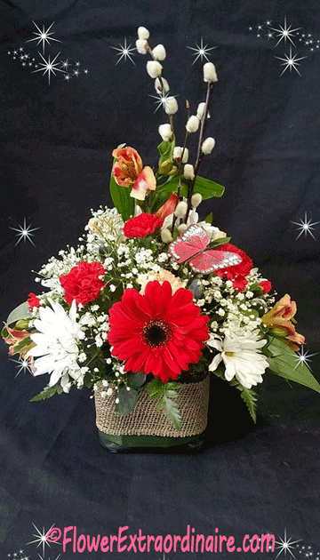 white daisies, red flowers, tall arrangement