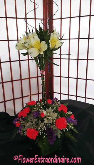 tall floral arrangement - red + white flowers