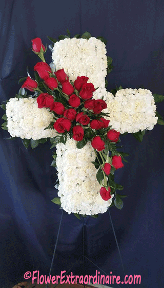 floral sprays white cross red roses